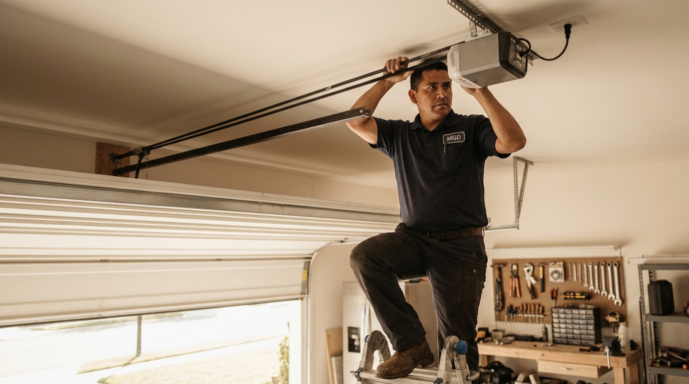 Technician installing new garage door opener