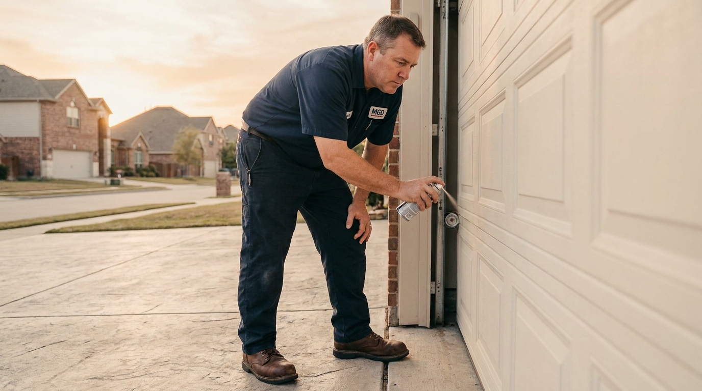 Technician doing garage door tune up and maintenance