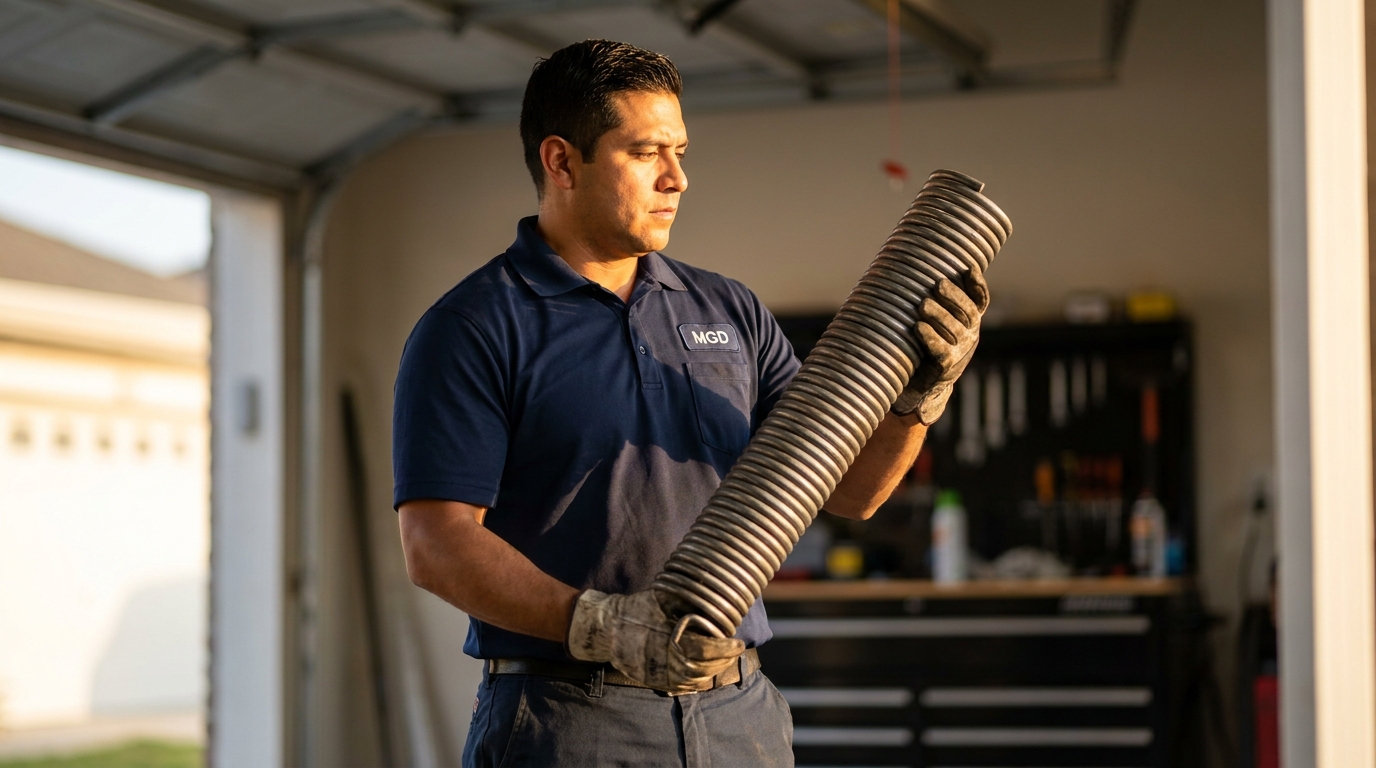 Technician examining garage door torsion spring